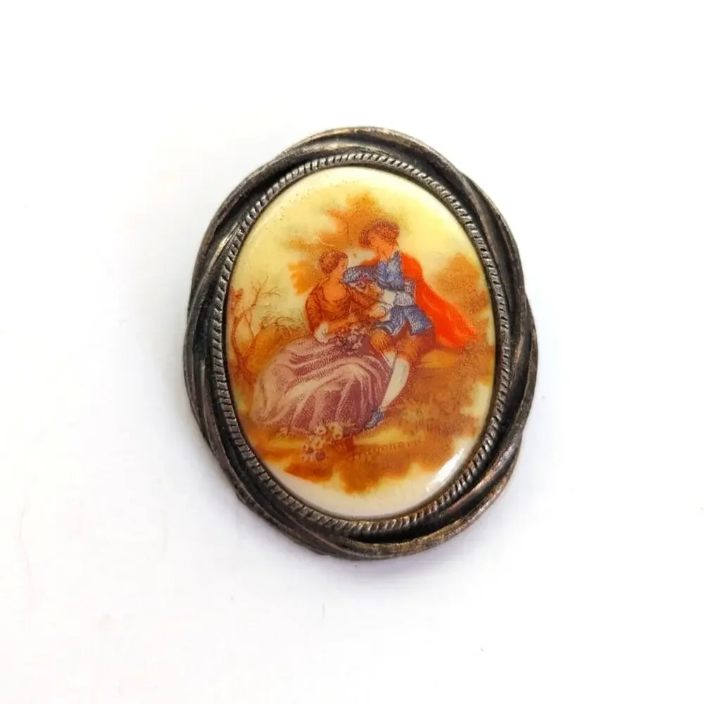 Vintage Estate Silver Tone French Courting Couple Ceramic Print Pendant Brooch